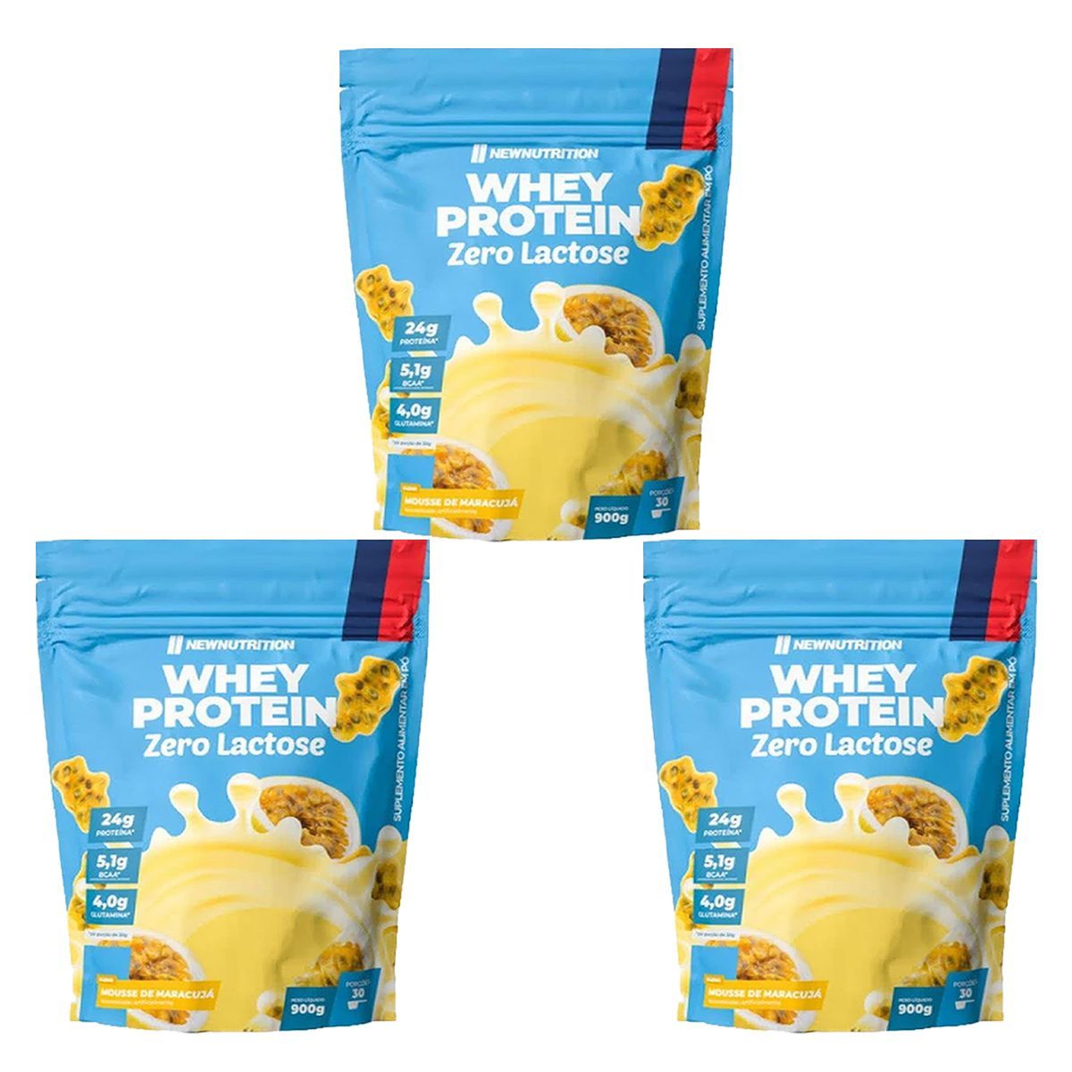 Kit 3X Whey Protein Zero Lactose - 900g Refil Mousse de Maracuja - NewNutrition