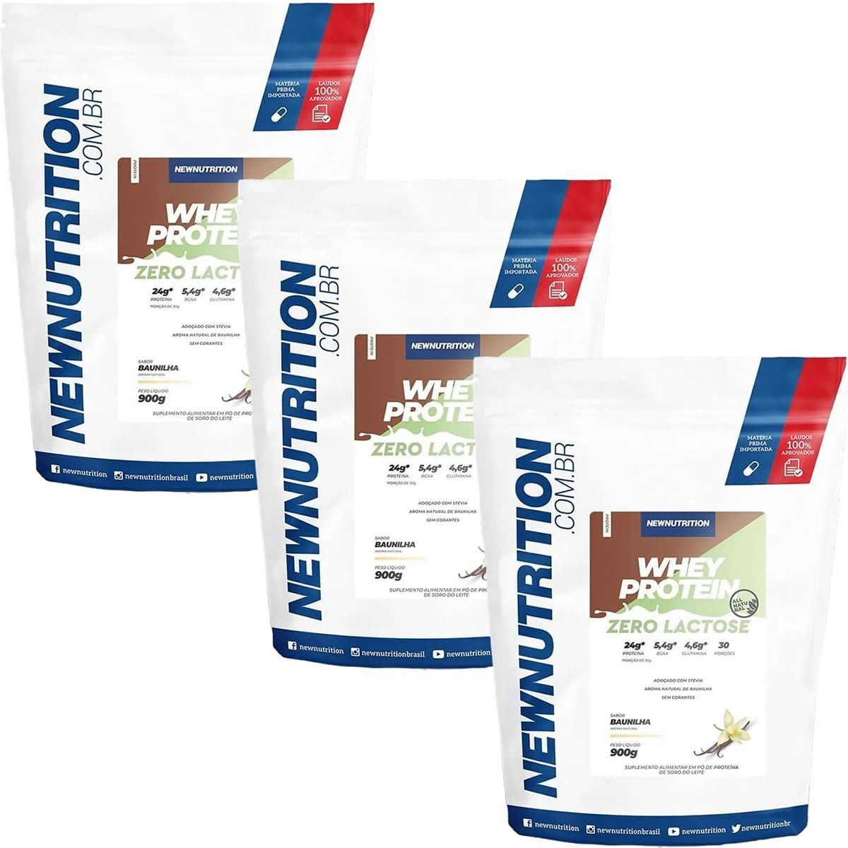 Kit 3X Whey Protein Zero Lactose All Natural - 900g Refil Baunilha - NewNutrition