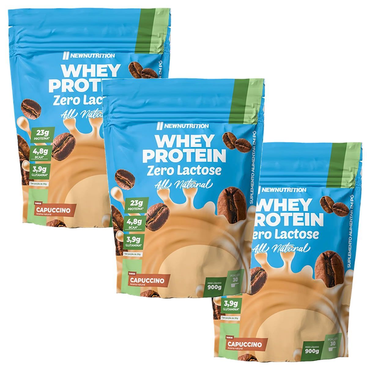 Kit 3X Whey Protein Zero Lactose All Natural - 900g Refil Cappuccino - NewNutrition