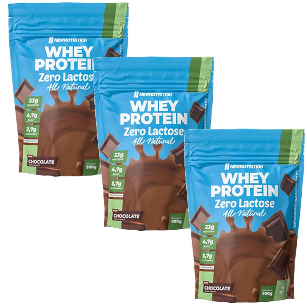 Kit 3X Whey Protein Zero Lactose All Natural - 900g Refil Chocolate - NewNutrition