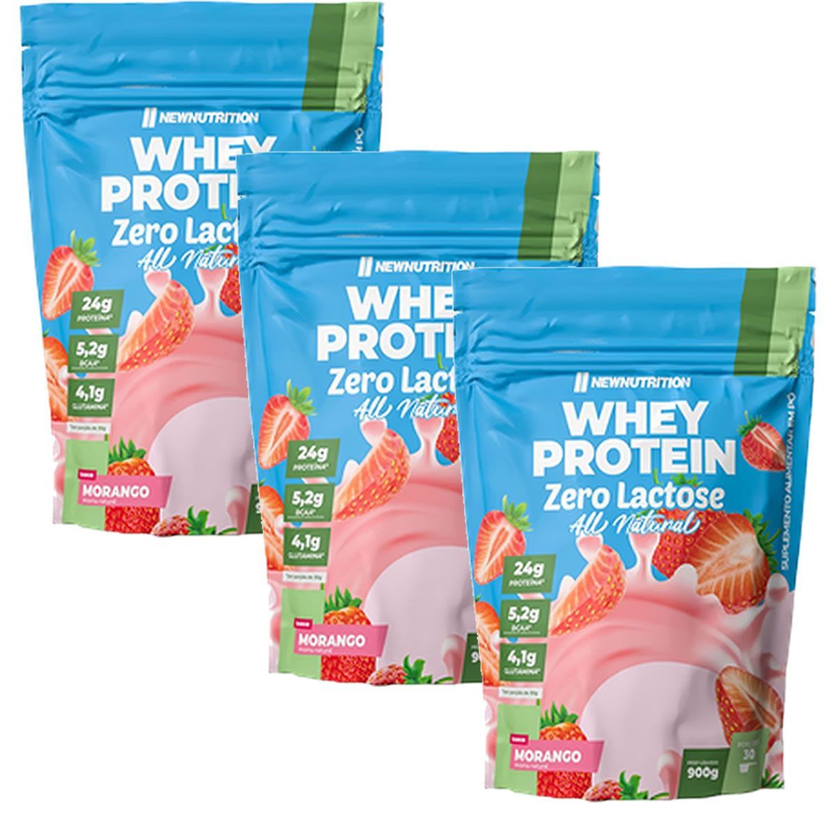 Kit 3X Whey Protein Zero Lactose All Natural - 900g Refil Morango - NewNutrition