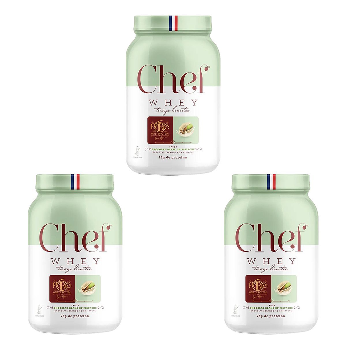 Kit 3X Whey Protiein Paris 6 Sem Lactose - 800g Chocolate Branco com Pistache - Chef Whey