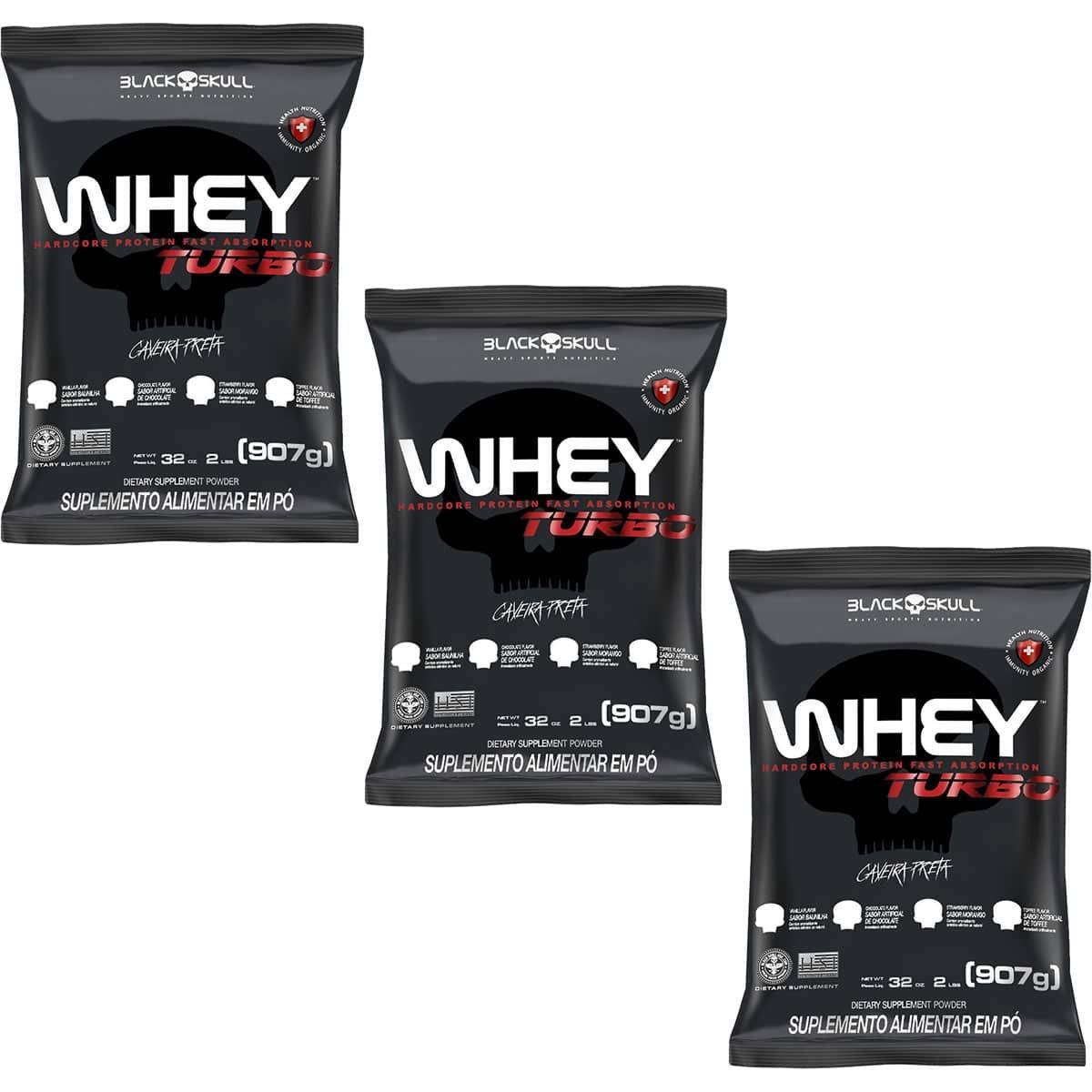 Kit 3X Whey Turbo - 907g Refil Toffee - Black Skull