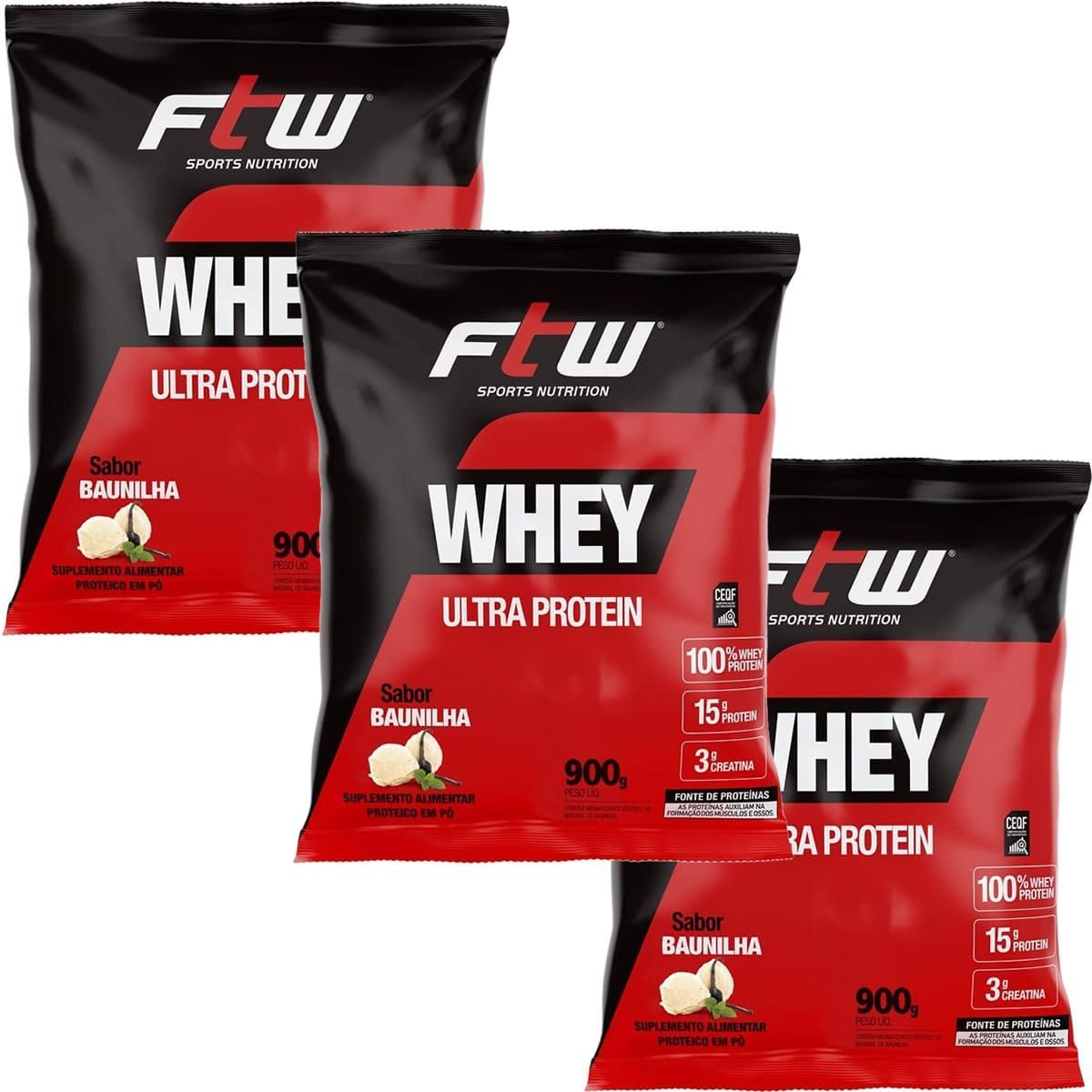 Kit 3X Whey Ultra Protein - 900g Refil Baunilha - FTW