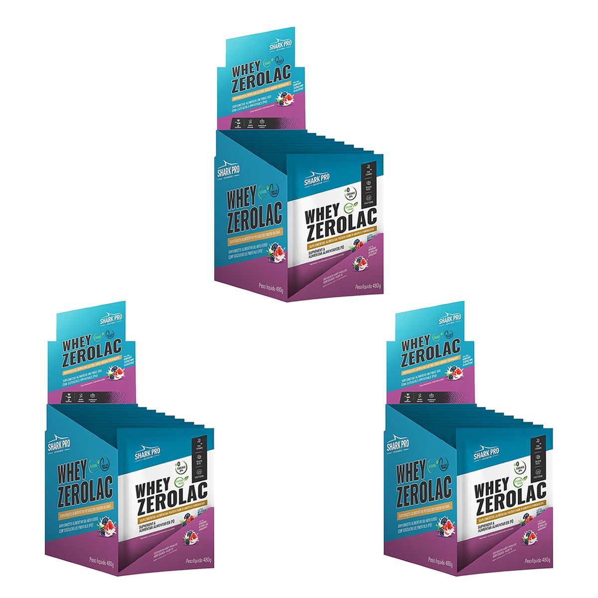 Kit 3X Whey Zerolac - 10 Sach�s 40g Iogurte de Frutas Vermelhas - Shark Pro