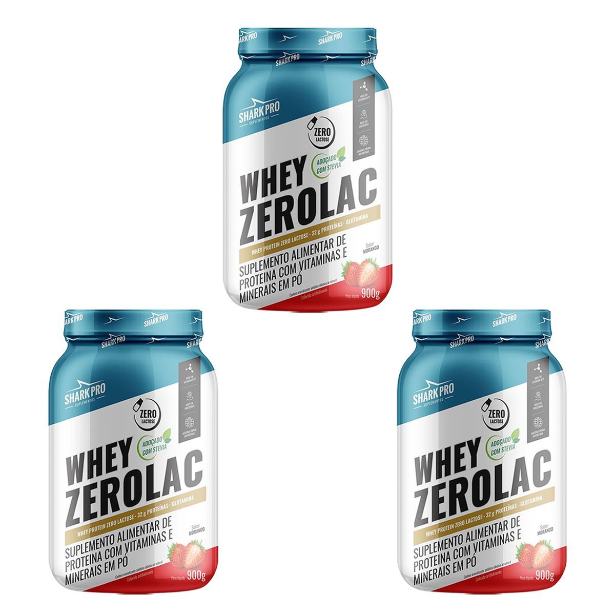 Kit 3X Whey ZeroLac - 900g Morango - Shark Pro