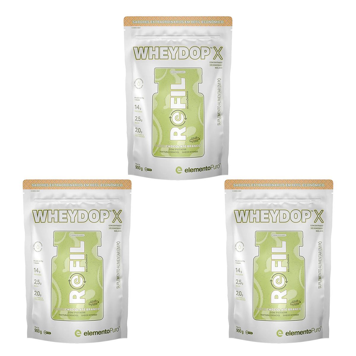 Kit 3X WheyDop X - 900g Refil chocolate Branco com Pistache - ElementoPuro