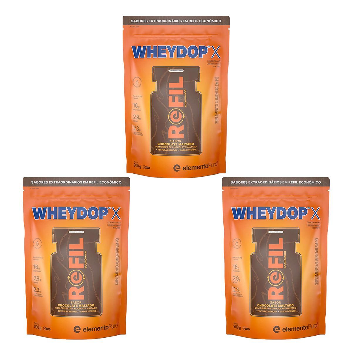 Kit 3X WheyDop X - 900g Refil Chocolate Maltado - ElementoPuro