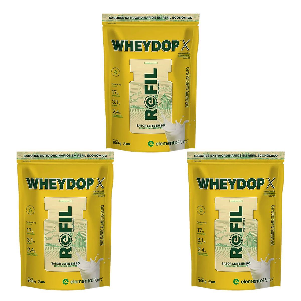 Kit 3X WheyDop X - 900g Refil Leite em P� - ElementoPuro