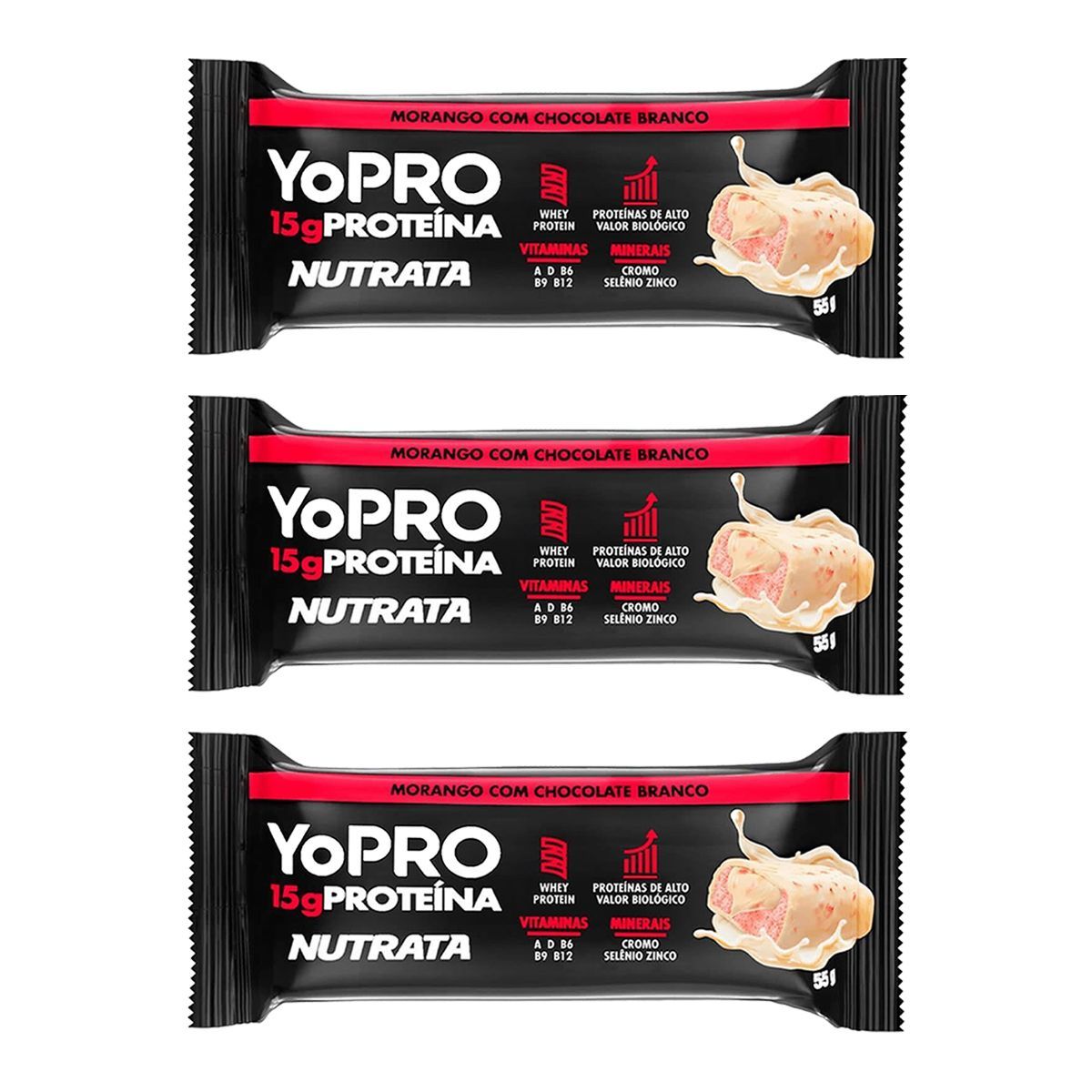 Kit 3X YoPRO - 1 Barra 55g Morango com Chocolate Branco - Nutrata
