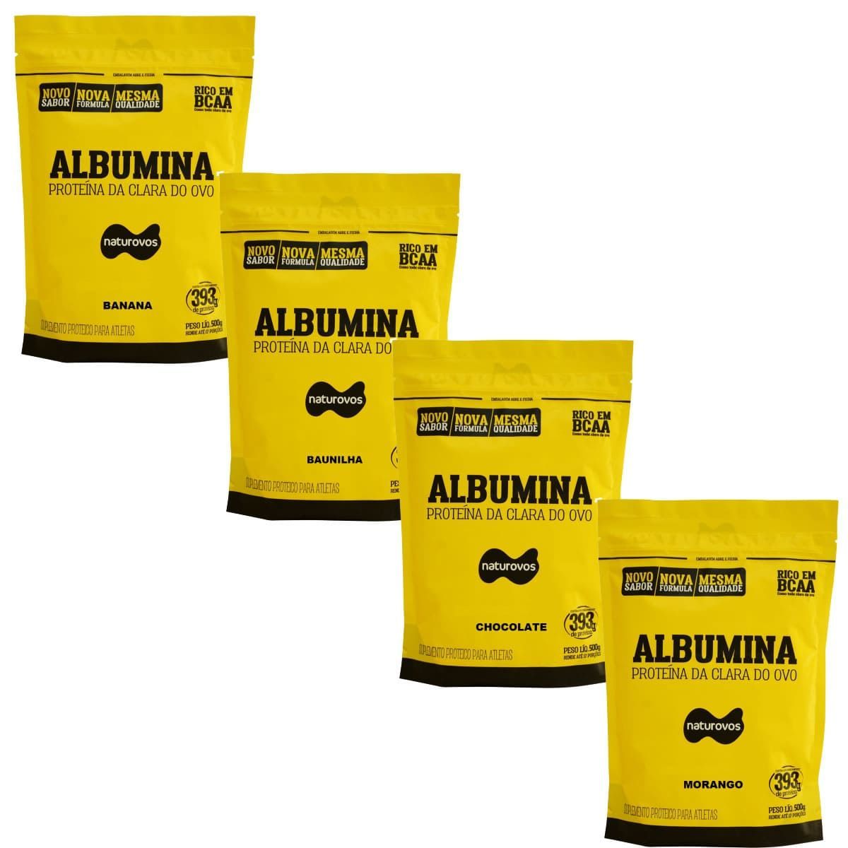 Kit 4X Albumina - 500g Refil Morango, Baunilha, Chocolate e Banana - Naturovos