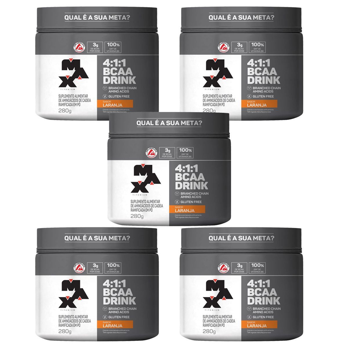 Kit 5 BCAA 4:1:1 - 280g Drink Laranja - Max Titanium