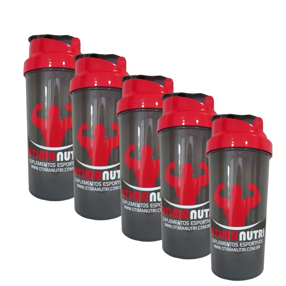 Kit 5 Coqueteleira Slim - 600ml Preto Tampa Vermelha - OtimaNutri
