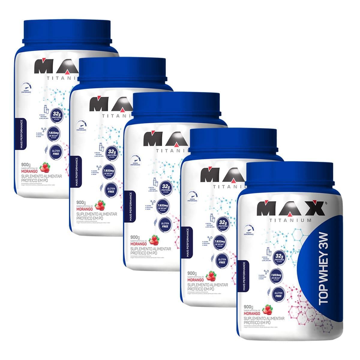 Kit 5 Top Whey 3W - 900g Morango - Max Titanium