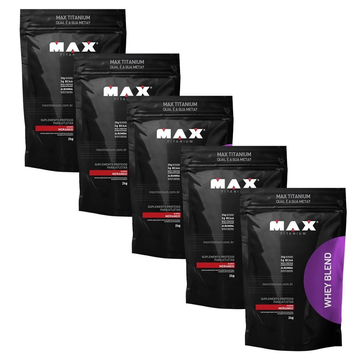 Kit 5 Whey Blend - 2000g Refil Morango - Max Titanium