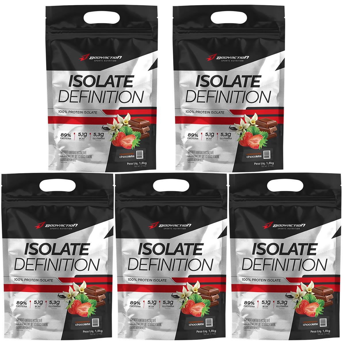 Kit 5 Whey Isolate Definition - 1800g Refil Chocolate - BodyAction