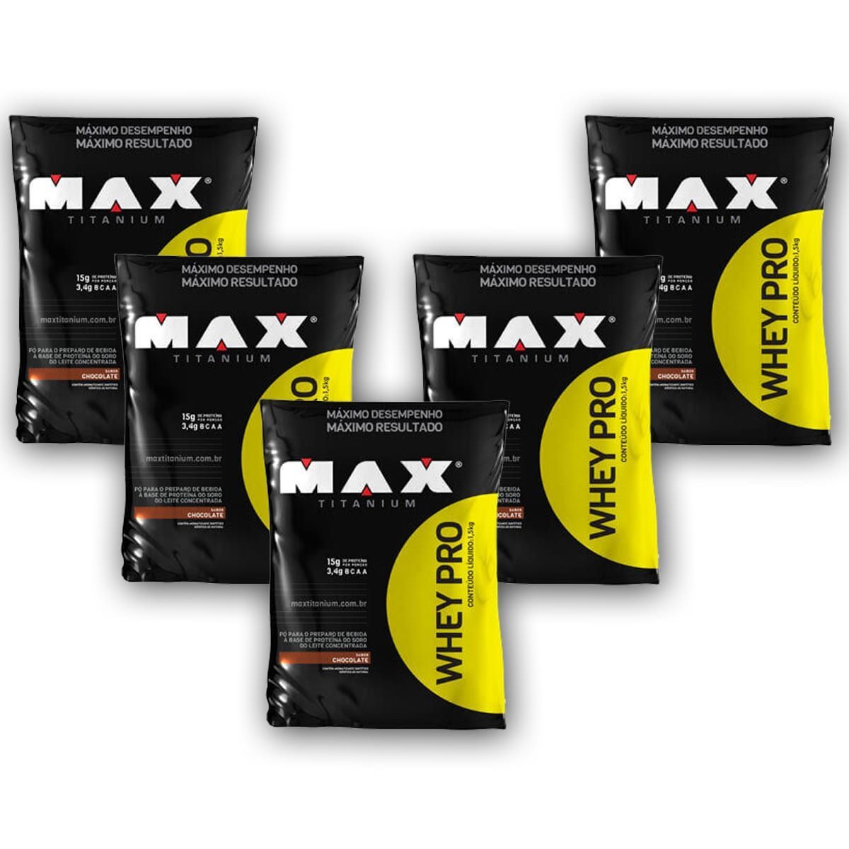 Kit 5 Whey Pro - 1500g Refil Chocolate - Max Titanium
