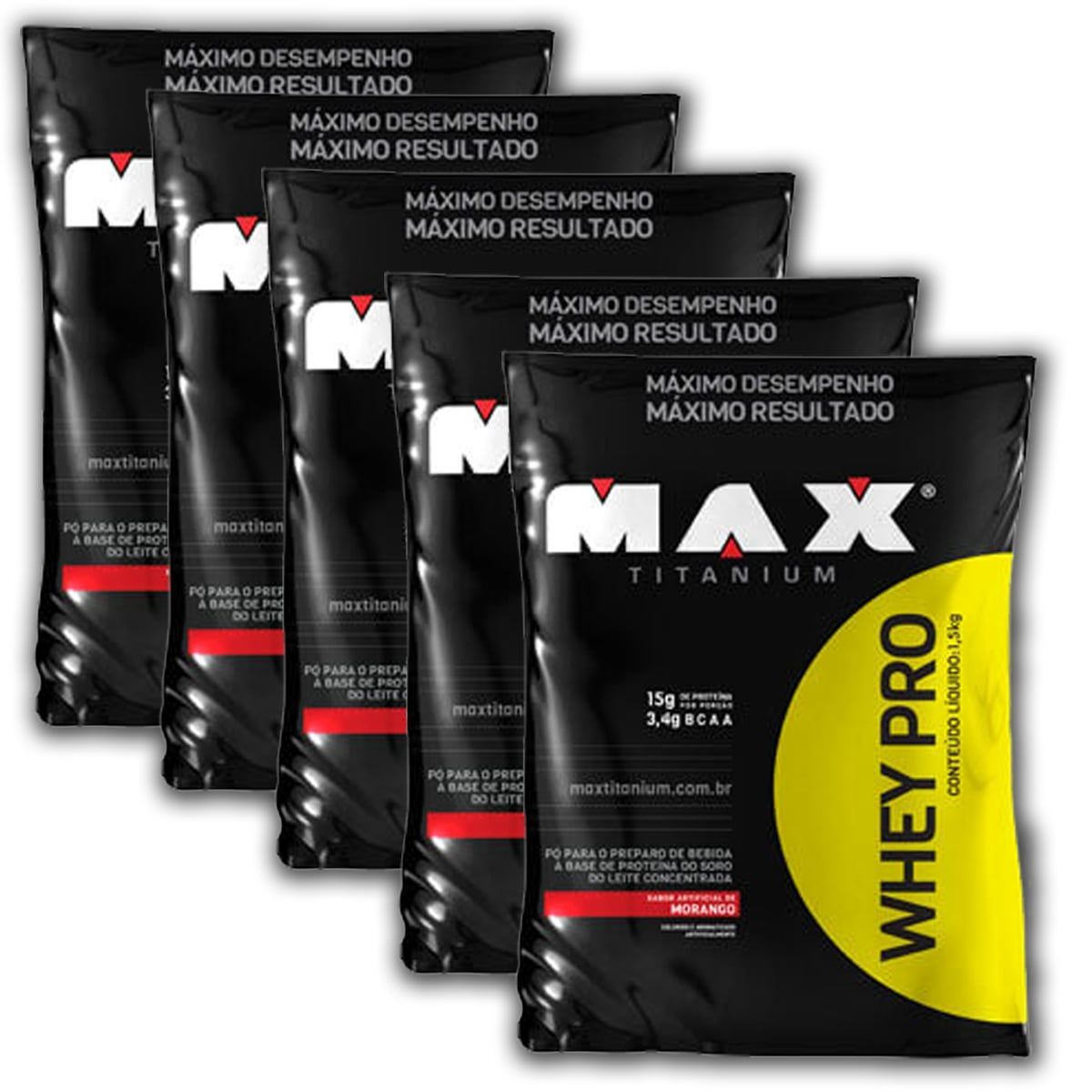 Kit 5 Whey Pro - 1500g Refil Morango - Max Titanium