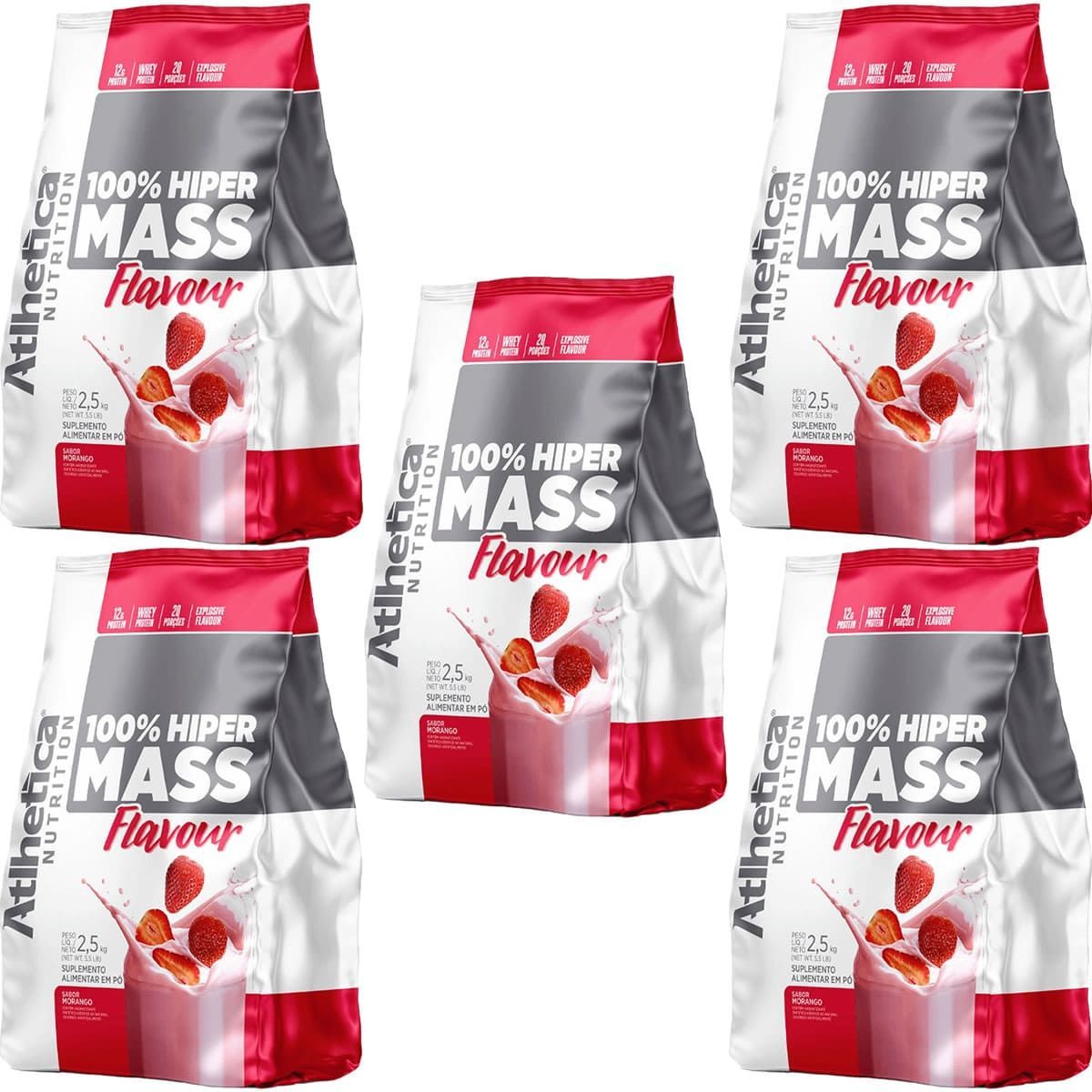 Kit 5X 100% Hiper Mass Flavour - 2500g Morango - Atlhetica Nutrition