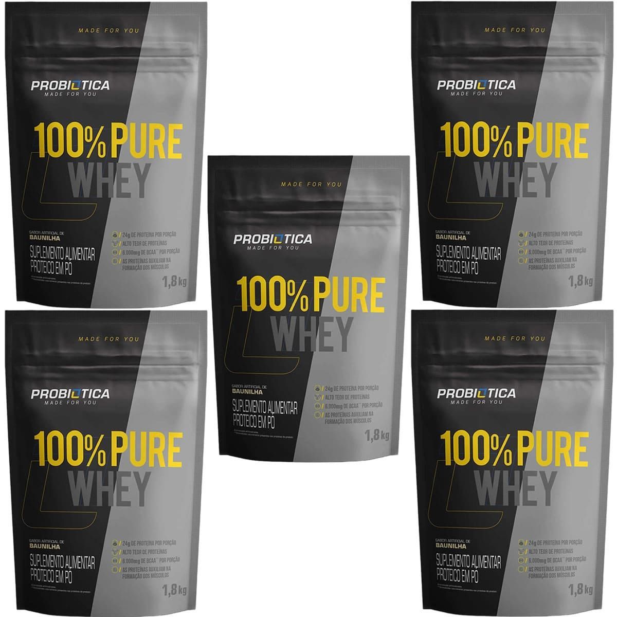 Kit 5X 100% Pure Whey - 1800g Refil Baunilha - Probiotica