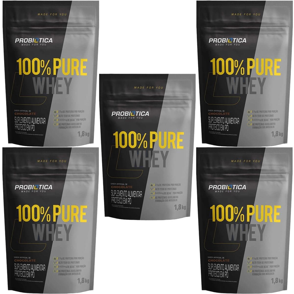 Kit 5X 100% Pure Whey - 1800g Refil Chocolate - Probiotica