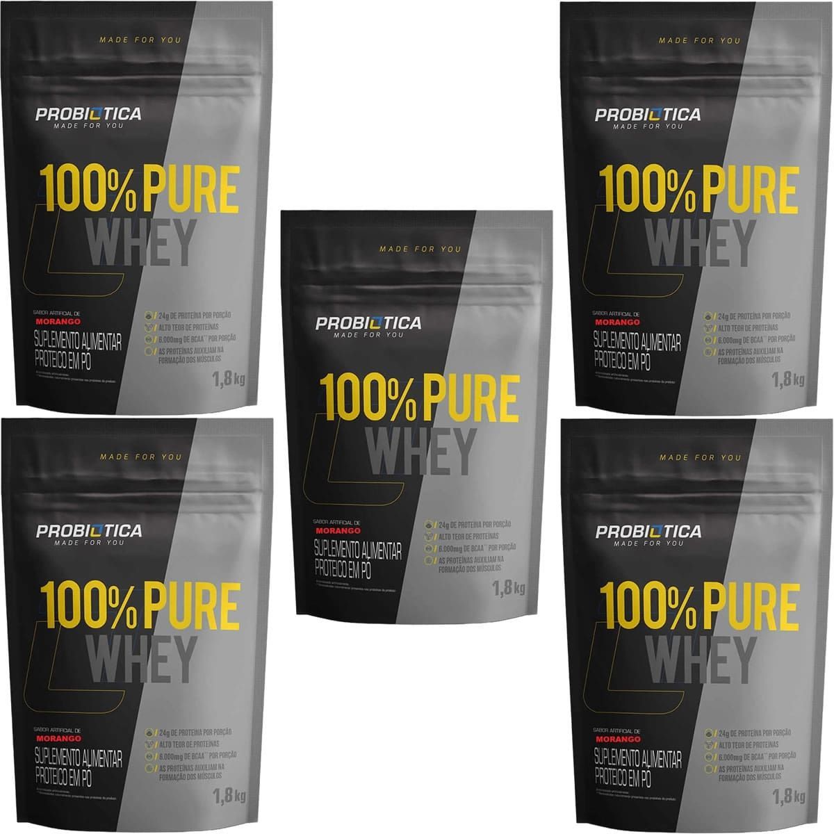 Kit 5X 100% Pure Whey - 1800g Refil Morango - Probiotica