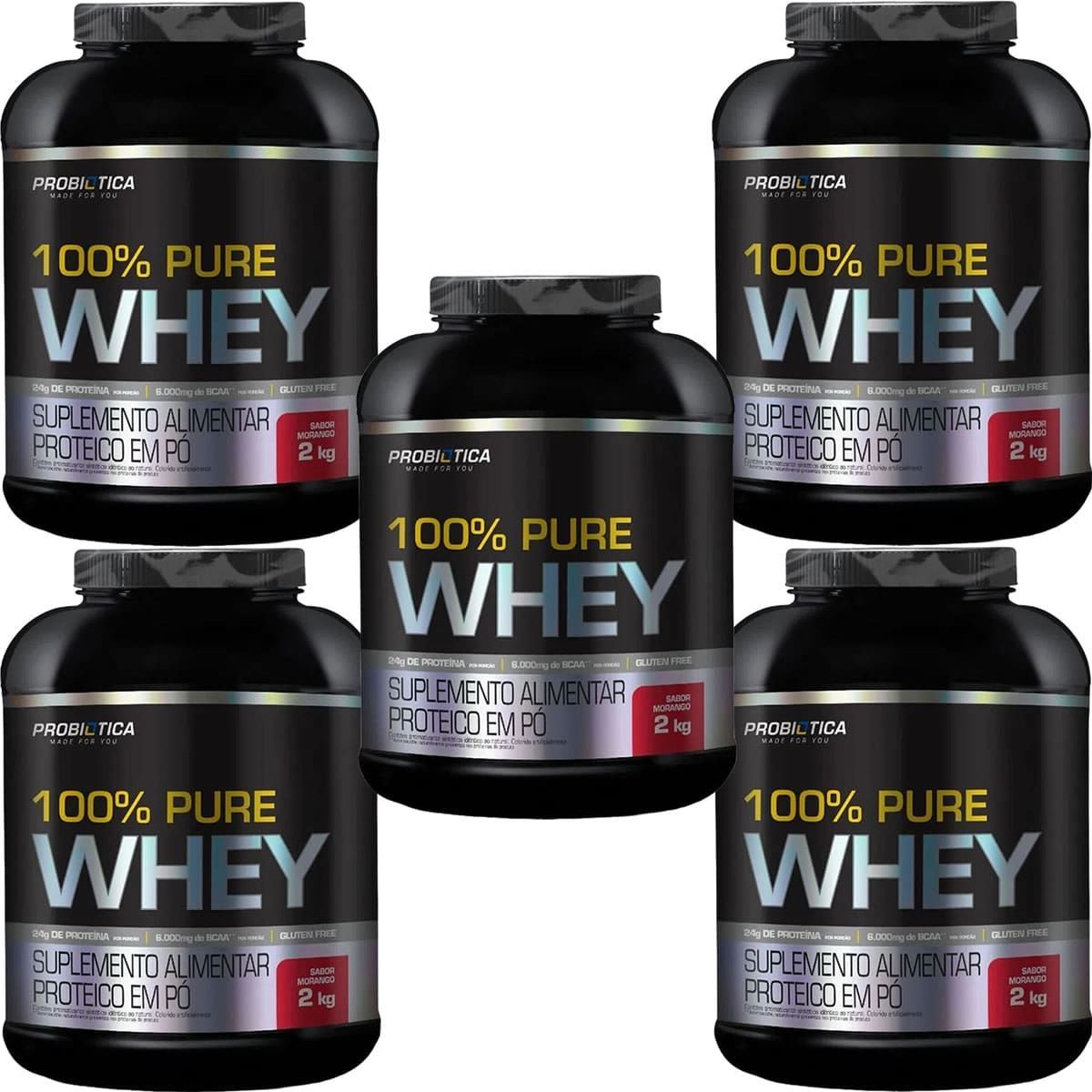 Kit 5X 100% Pure Whey - 2000g Morango - Probi�tica