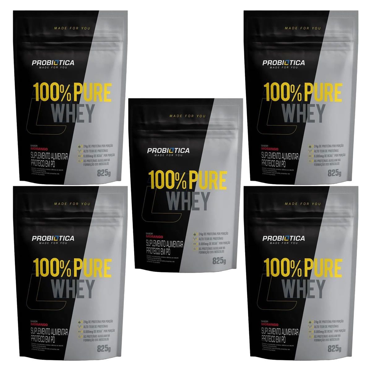 Kit 5X 100% Pure Whey - 825g Refil Morango - Probiotica
