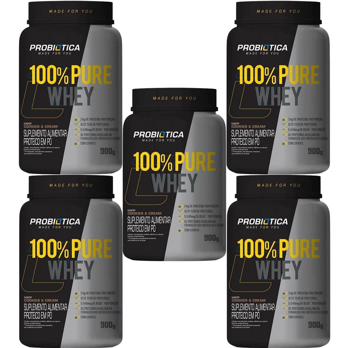 Kit 5X 100% Pure Whey - 900g Cookies And Cream - Probiotica