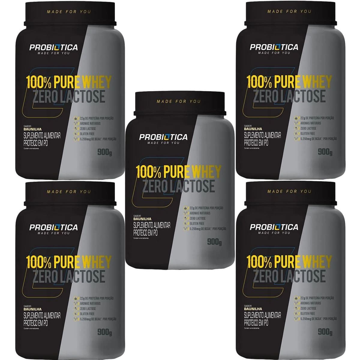 Kit 5X 100% Pure Whey Zero Lactose - Baunilha 900g - Probi�tica