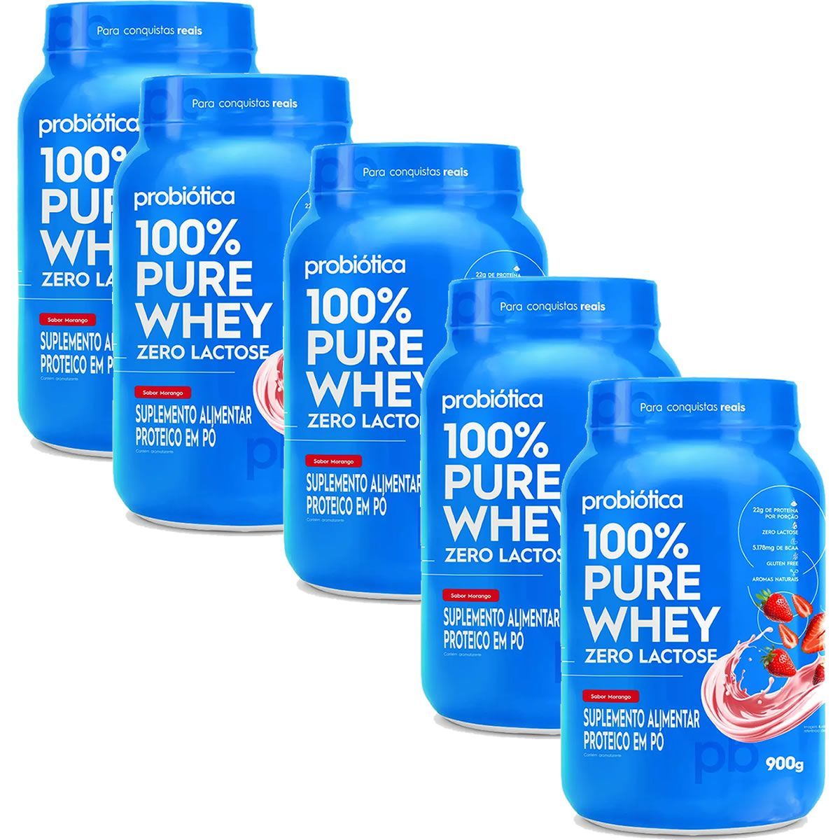 Kit 5X 100% Pure Whey Zero Lactose - Morango 900g - Probi�tica