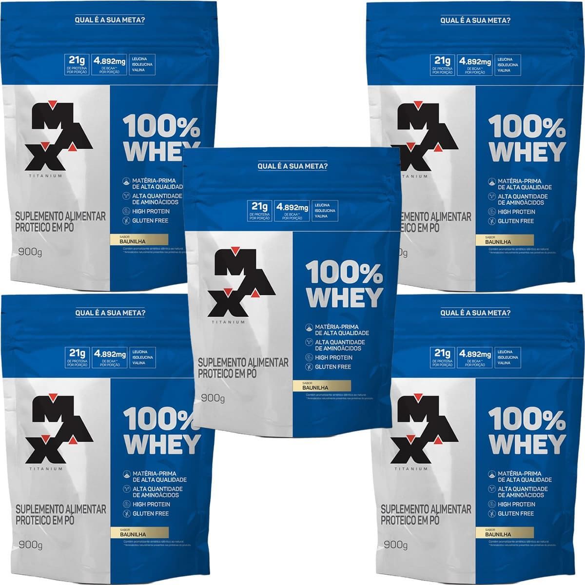 Kit 5X 100% Whey - 900g Refil Baunilha - Max Titanium