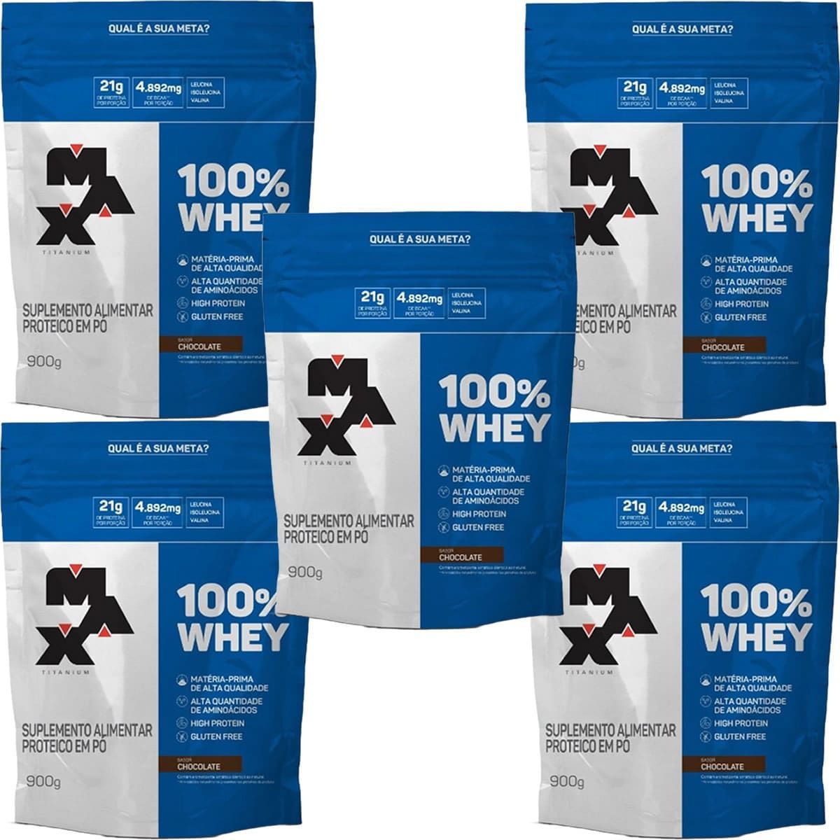 Kit 5X 100% Whey - 900g Refil Chocolate - Max Titanium