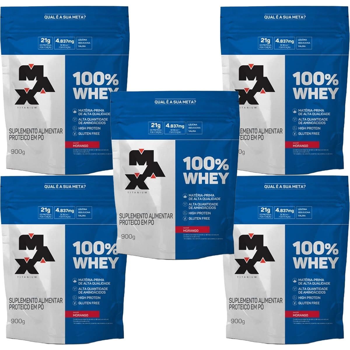 Kit 5X 100% Whey - 900g Refil Morango - Max Titanium