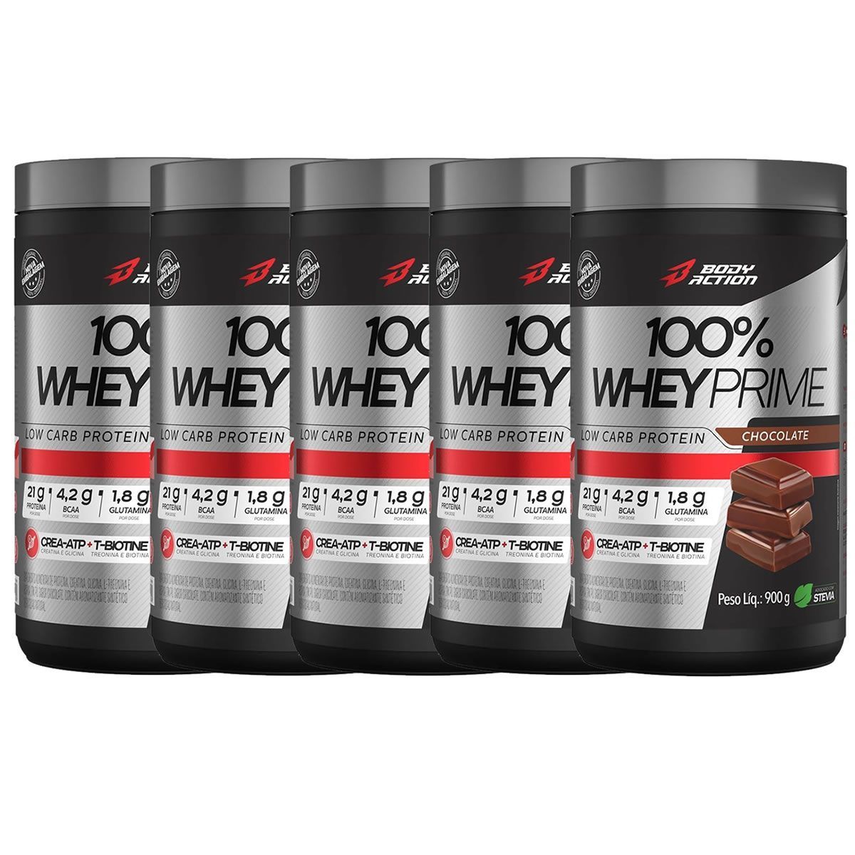 Kit 5X 100% Whey Prime Concentrado - 900g Chocolate - BodyAction