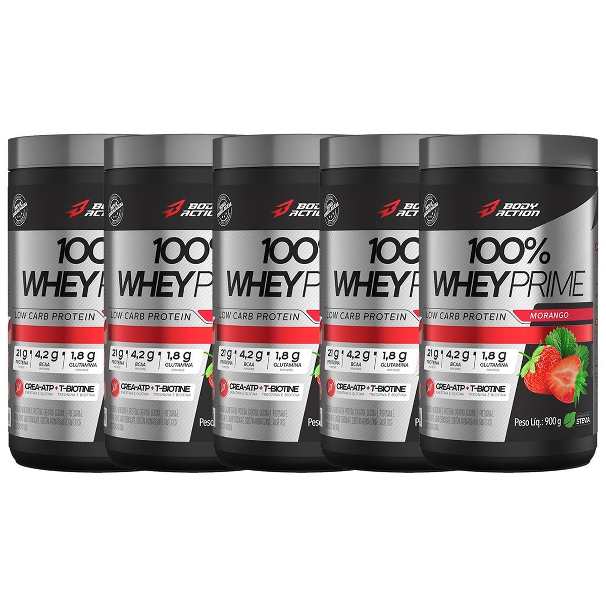 Kit 5X 100% Whey Prime Concentrado - 900g Morango - BodyAction