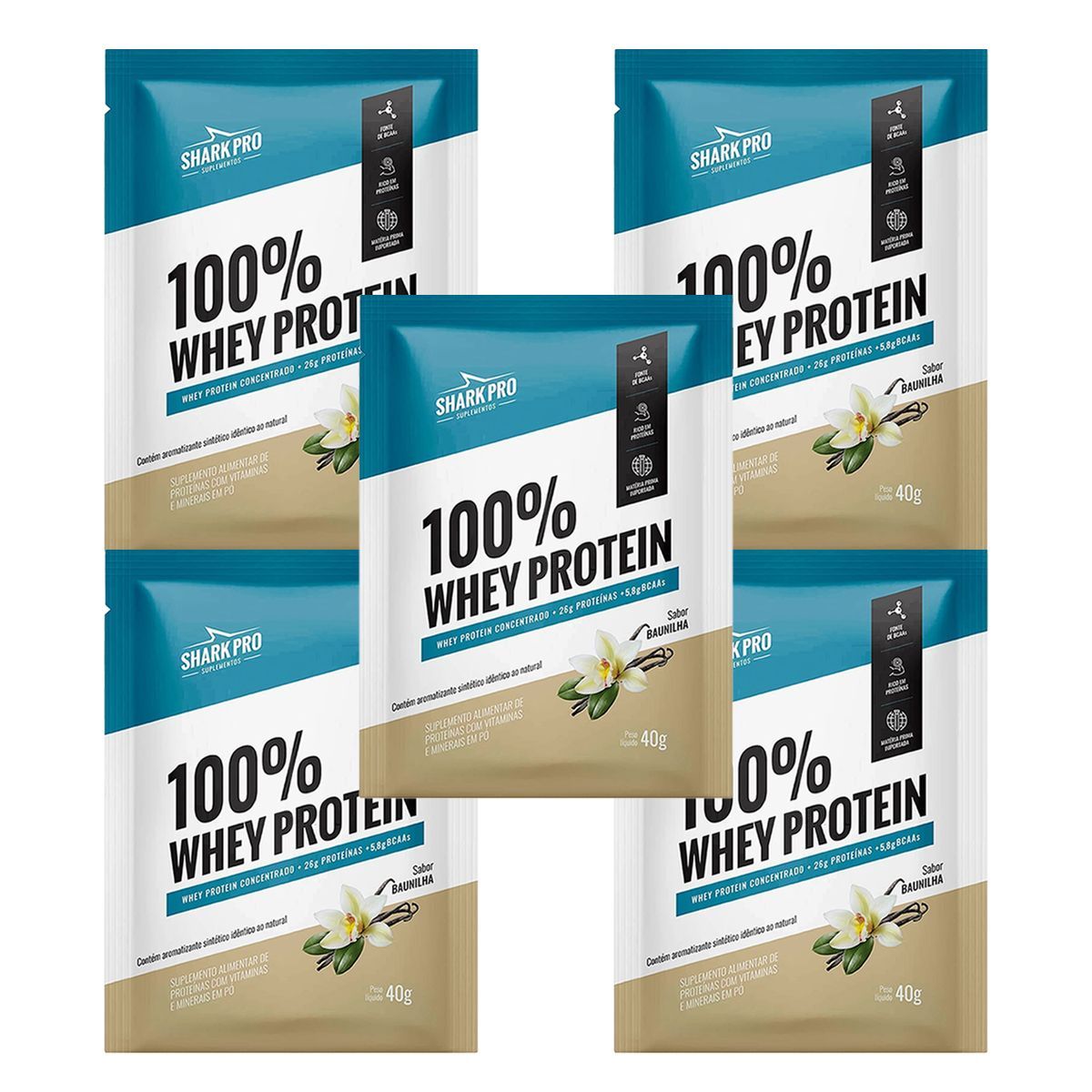 Kit 5X 100% Whey Protein - 1 Sach� 40g Baunilha - Shark Pro