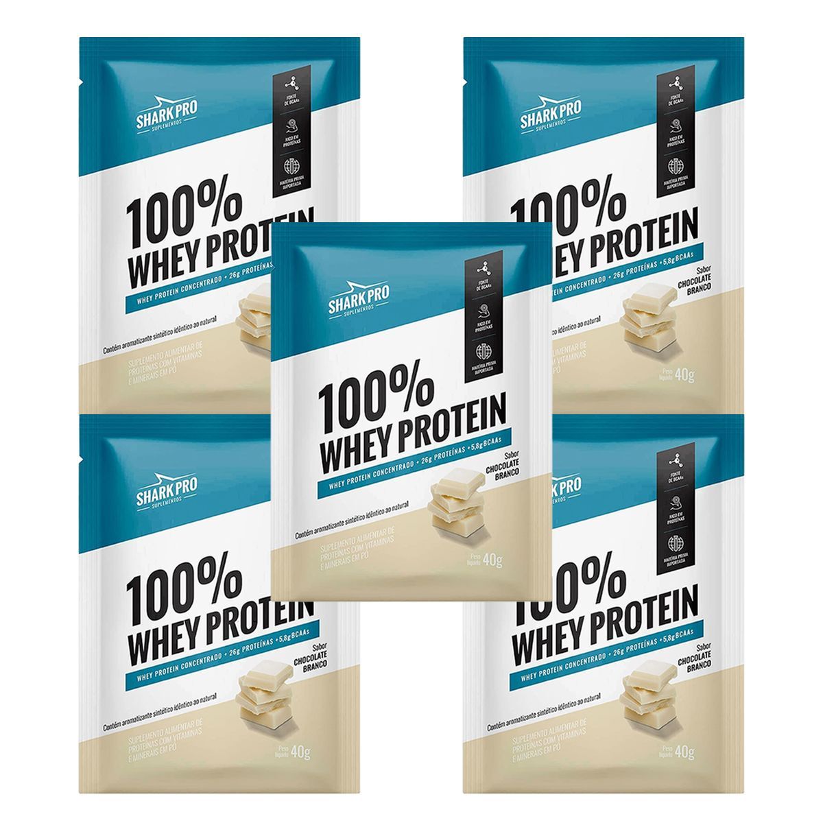 Kit 5X 100% Whey Protein - 1 Sach� 40g Chocolate Branco - Shark Pro