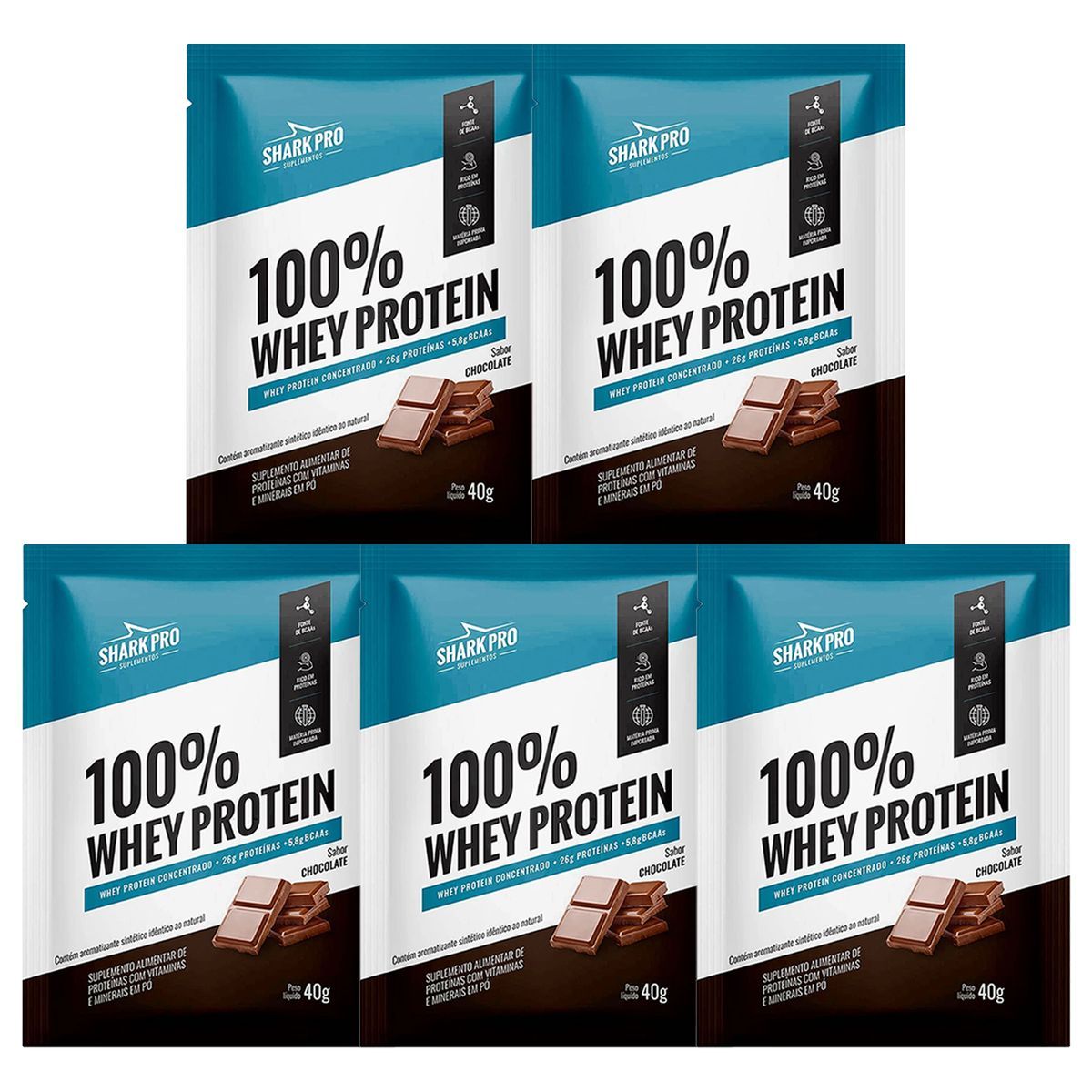 Kit 5X 100% Whey Protein - 1 Sach� 40g Chocolate - Shark Pro