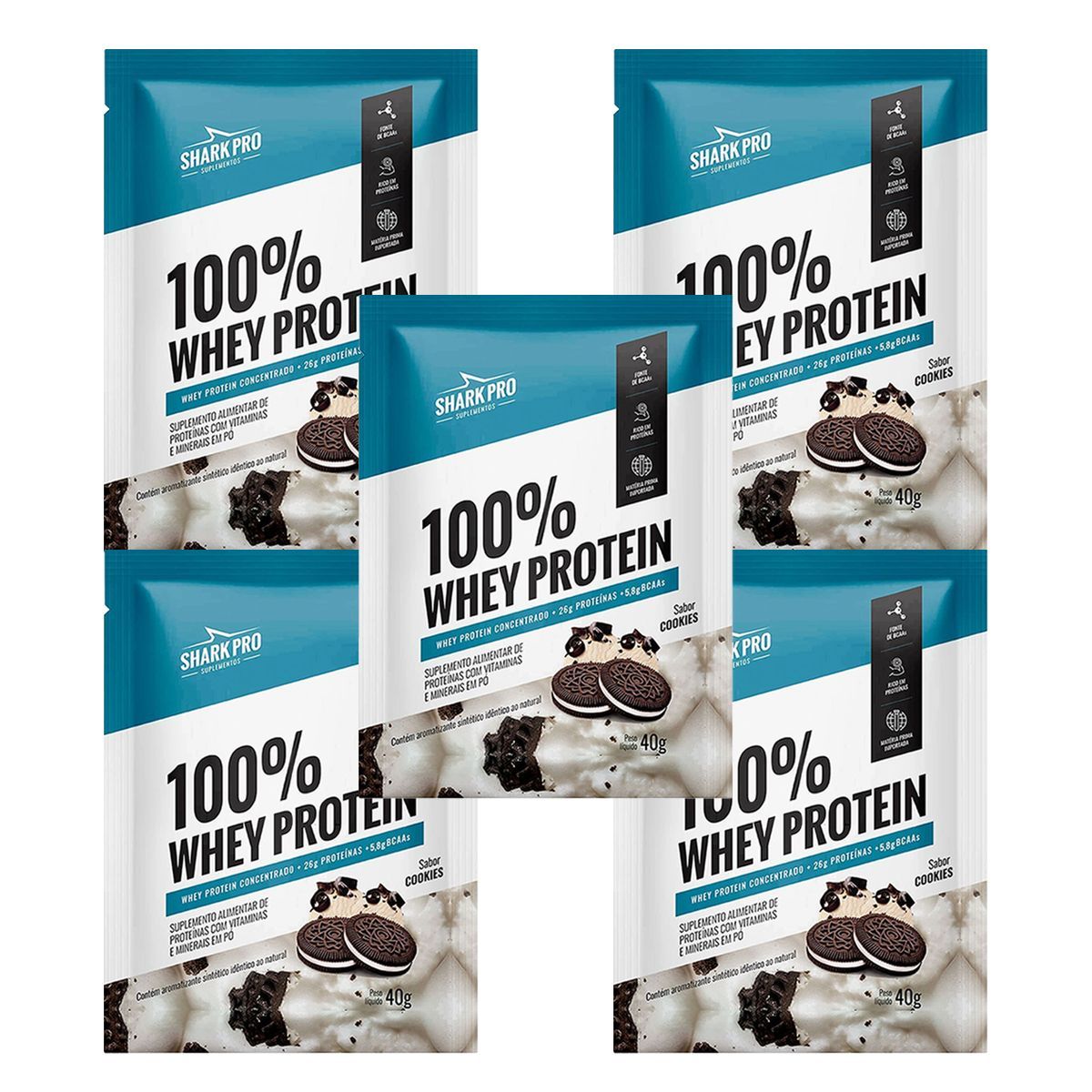 Kit 5X 100% Whey Protein - 1 Sach� 40g Cookies - Shark Pro