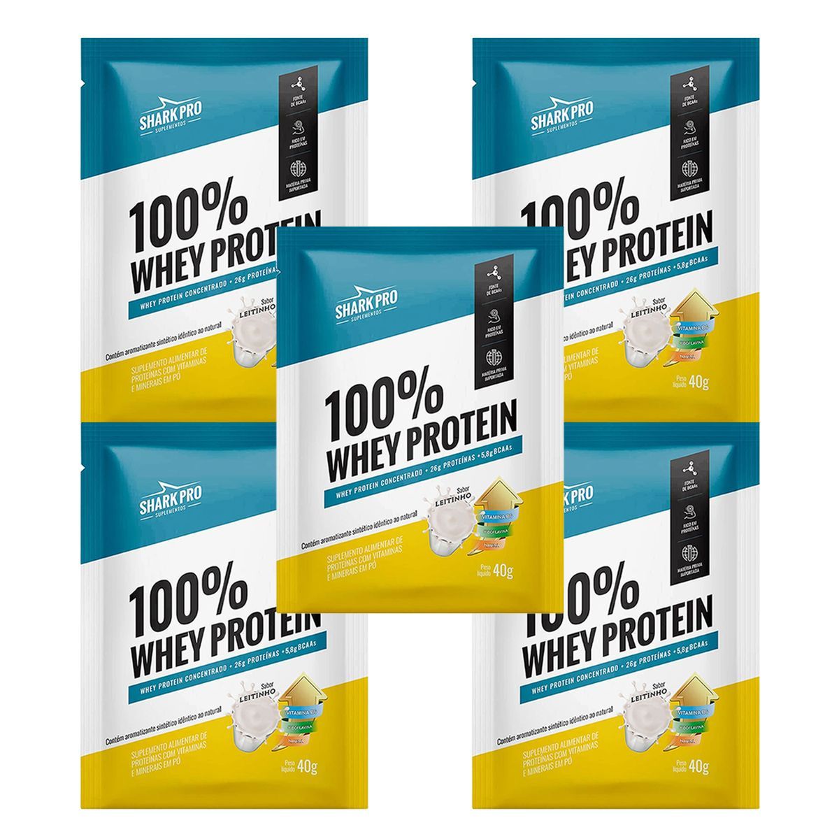Kit 5X 100% Whey Protein - 1 Sach� 40g Leitinho - Shark Pro