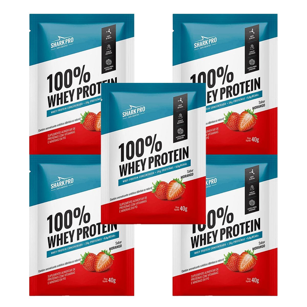 Kit 5X 100% Whey Protein - 1 Sach� 40g Morango - Shark Pro