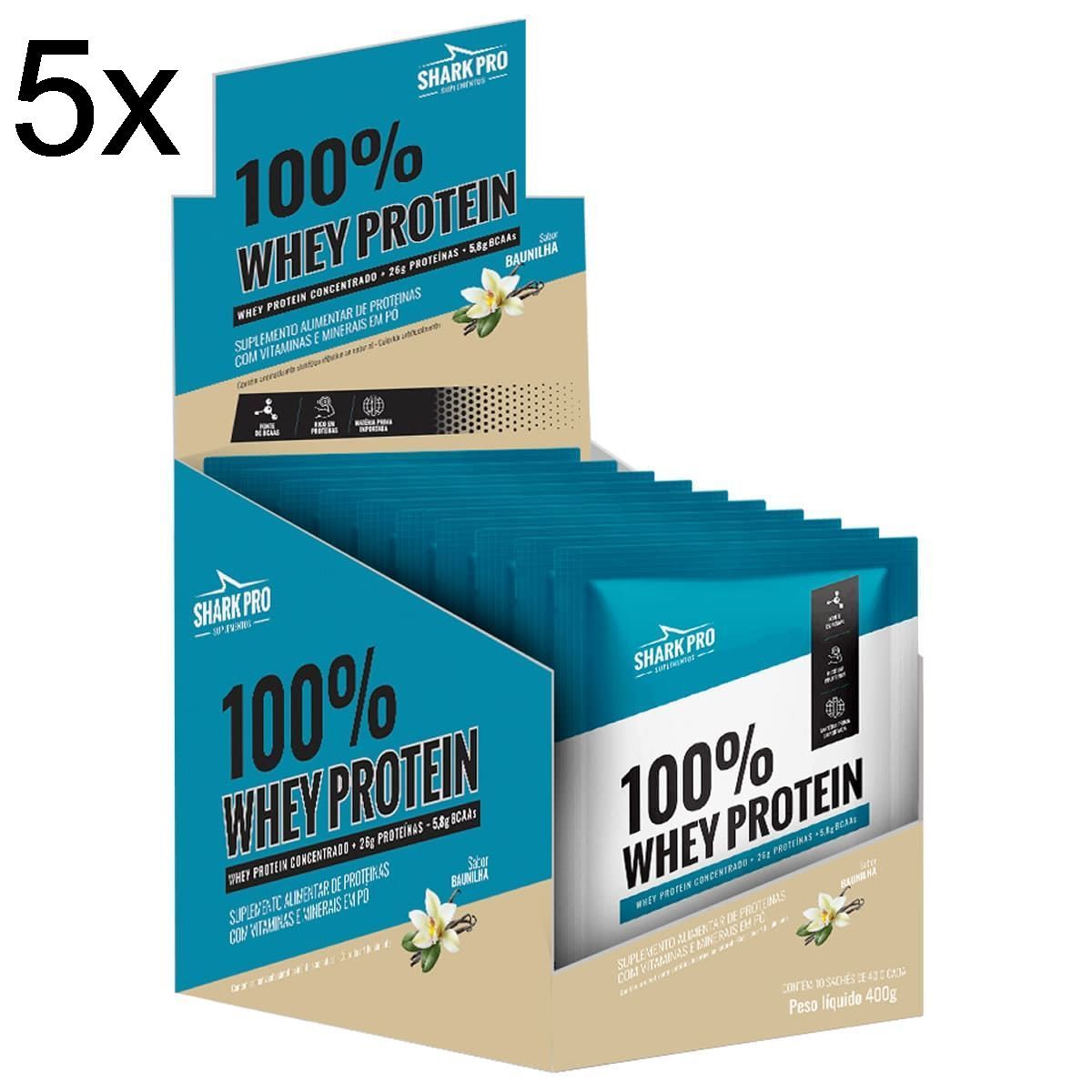 Kit 5X 100% Whey Protein - 10 Sach�s 40g Baunilha - Shark Pro