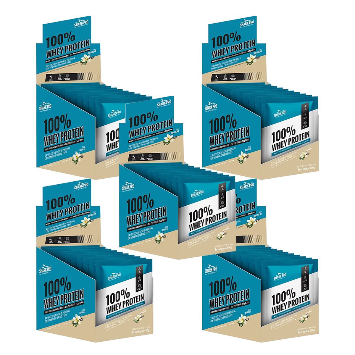Kit 5X 100% Whey Protein - 10 Sach�s 40g Baunilha - Shark Pro