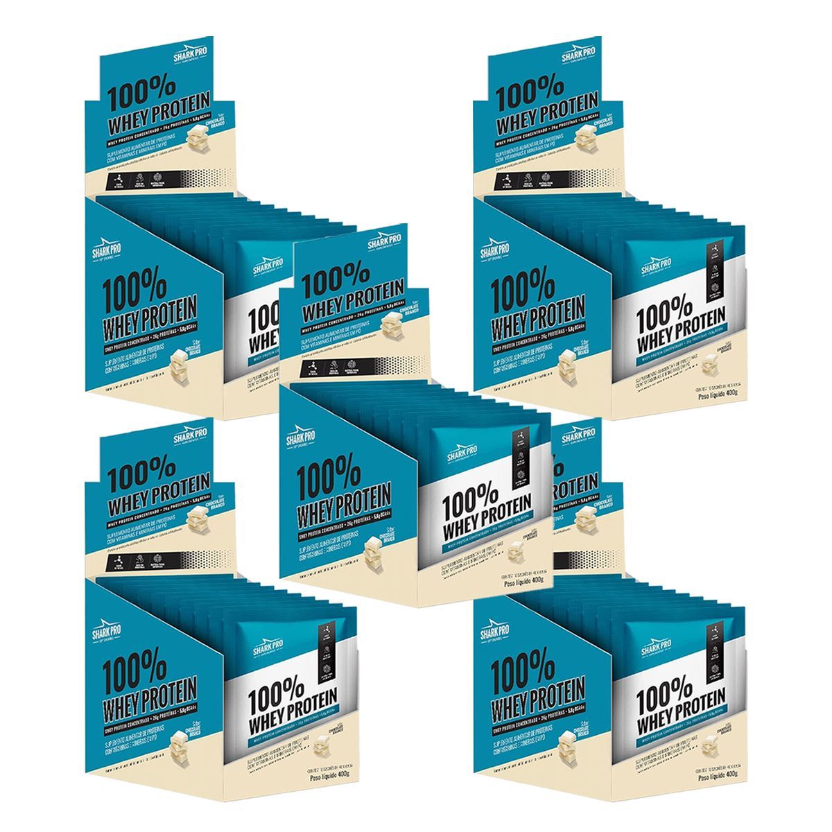 Kit 5X 100% Whey Protein - 10 Sach�s 40g Chocolate Branco - Shark Pro