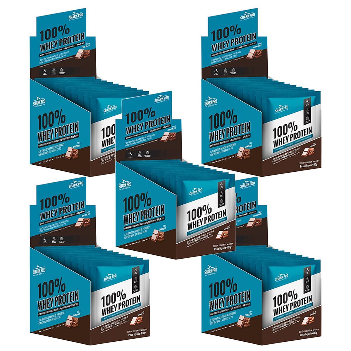 Kit 5X 100% Whey Protein - 10 Sach�s 40g Chocolate - Shark Pro