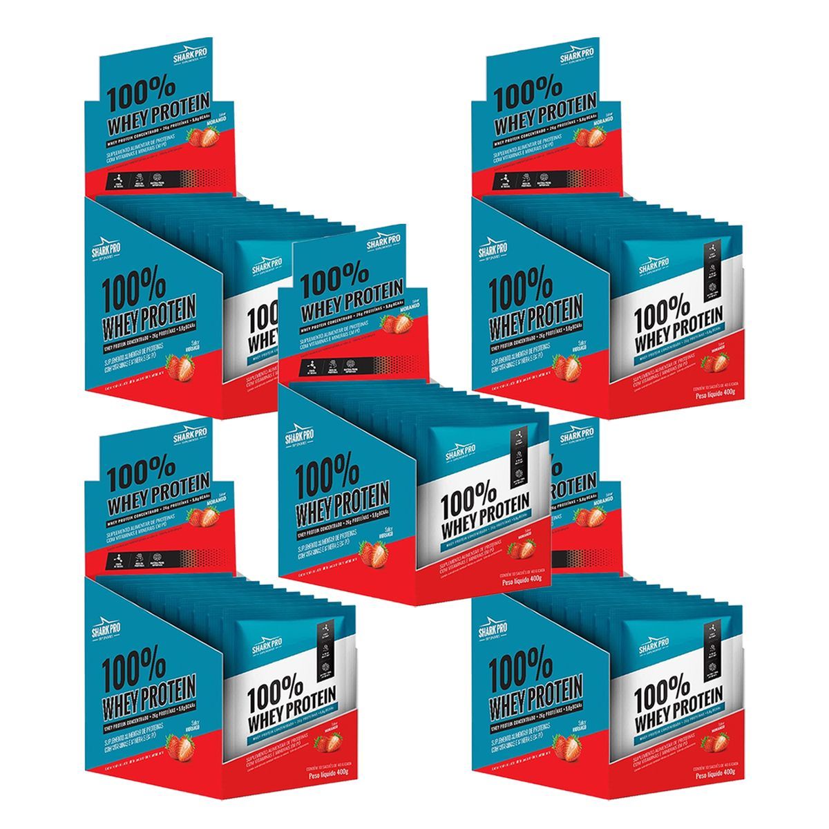 Kit 5X 100% Whey Protein - 10 Sach�s 40g Morango - Shark Pro