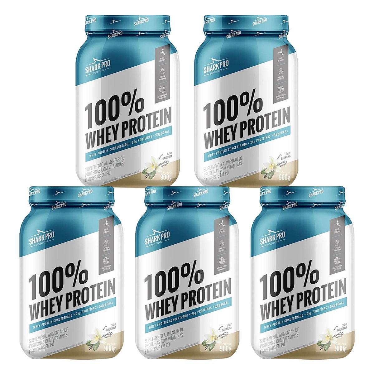 Kit 5X 100% Whey Protein - 900g Baunilha - Shark Pro