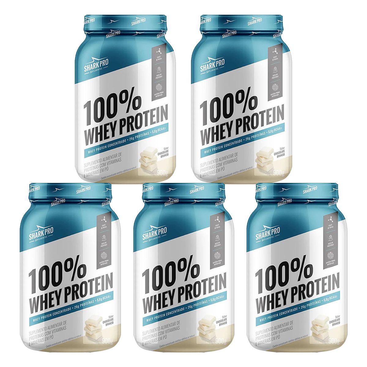 Kit 5X 100% Whey Protein - 900g Chocolate Branco - Shark Pro