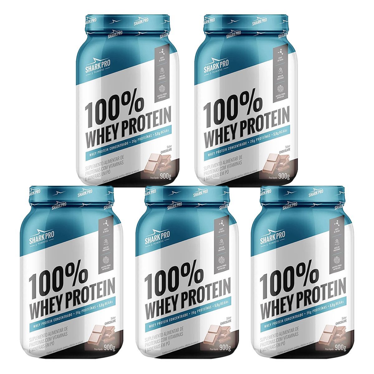 Kit 5X 100% Whey Protein - 900g Chocolate - Shark Pro